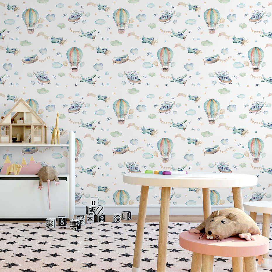 Tapeta - dziecięca, samoloty, balony