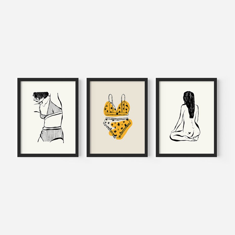 Zestaw obrazy w ramie, plakaty - kobieta, bielizna, ciało - rama czarna