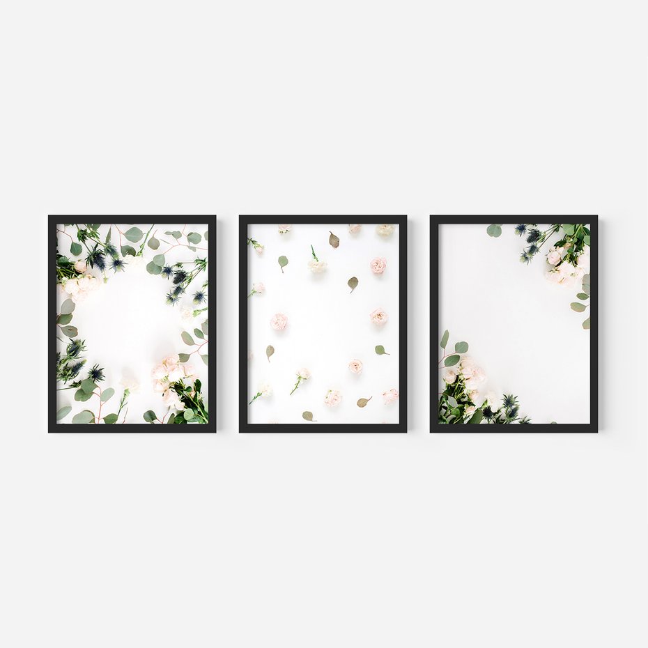 Zestaw obrazy w ramie, plakaty - kwiaty, liście, eukaliptus - rama czarna