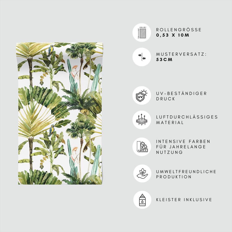 Tapeta - liście, papugi, dżungla