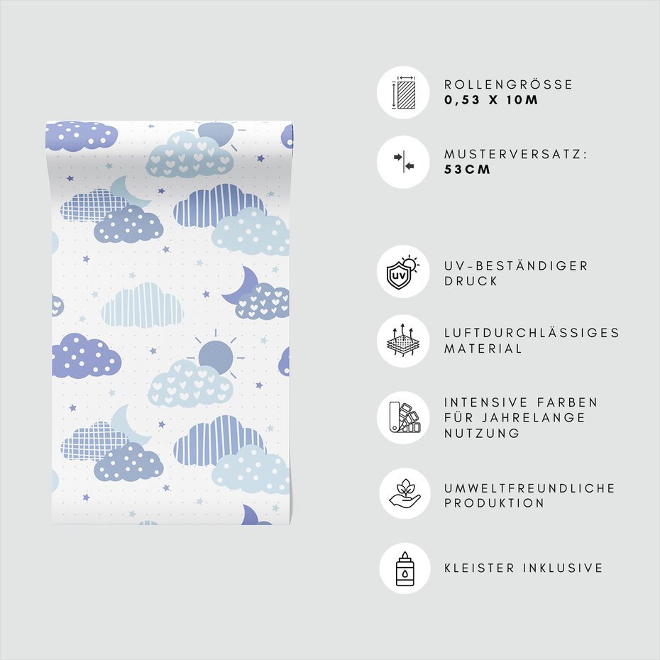 Tapeta - dziecięca, chmury, gwiazdy, księżyc