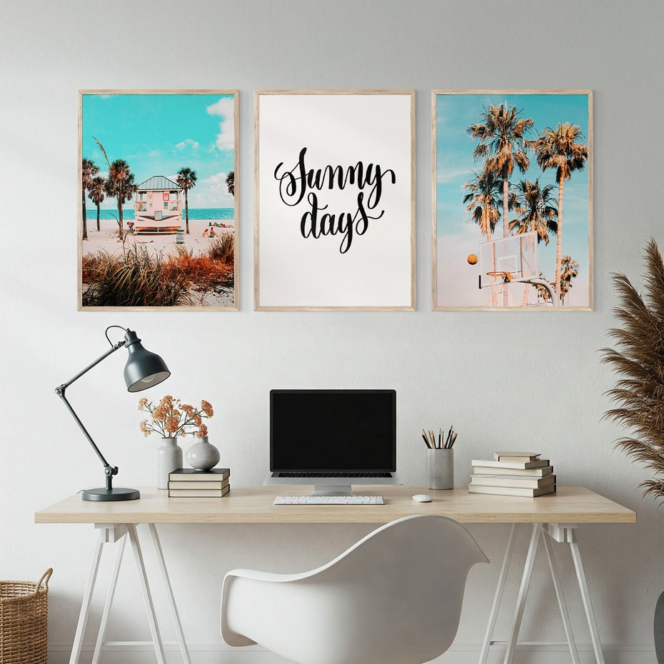 Zestaw obrazy w ramie, plakaty - plaża, palmy, lato - rama drewno