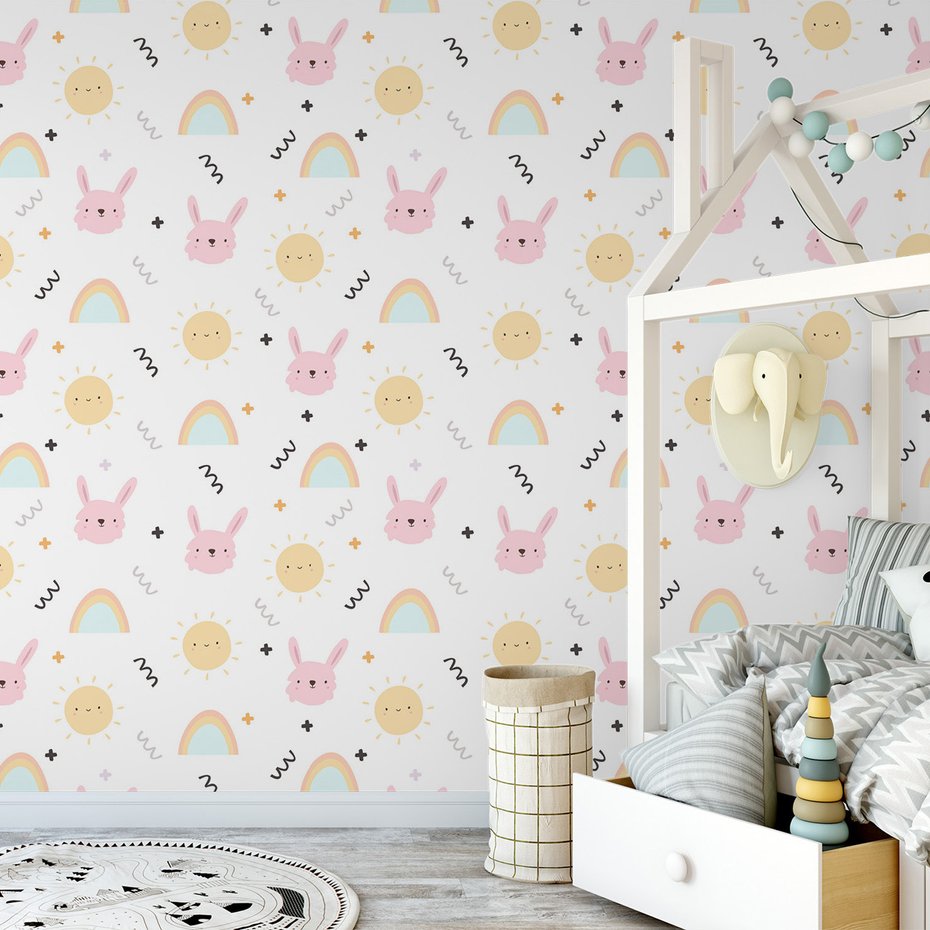 Tapeta - dziecięca, królik, słońce, tęcza