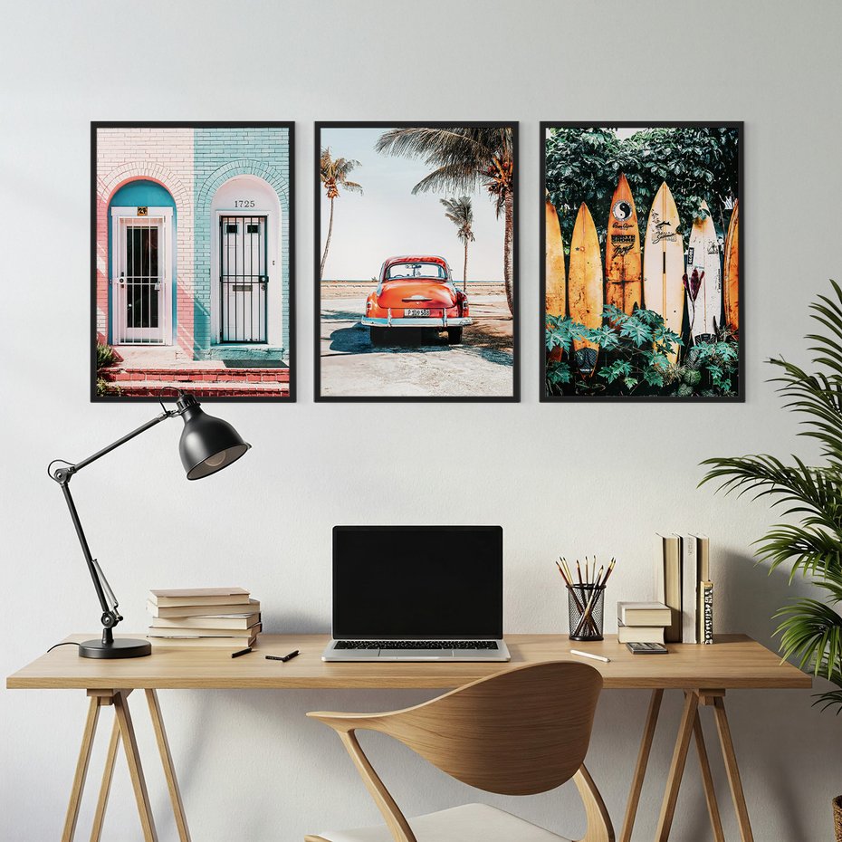 Zestaw obrazy w ramie, plakaty - palmy, samochód, deski surfingowe - rama czarna
