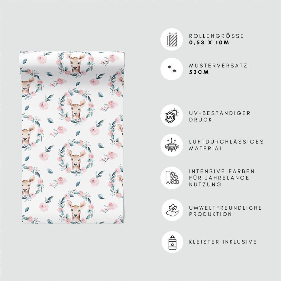 Tapeta - dziecięca, jeleń, róże, liście