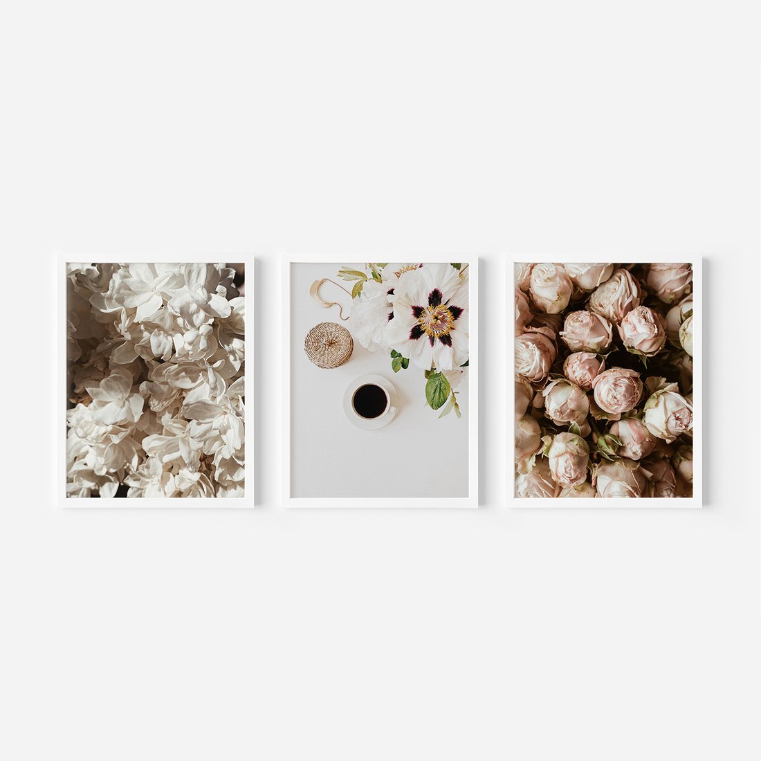 Zestaw obrazy w ramie, plakaty - kwiaty, róże, bukiet - rama biała