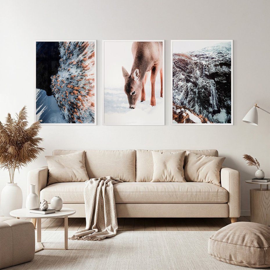 Zestaw obrazy w ramie, plakaty - zima, śnieg, natura - rama biała