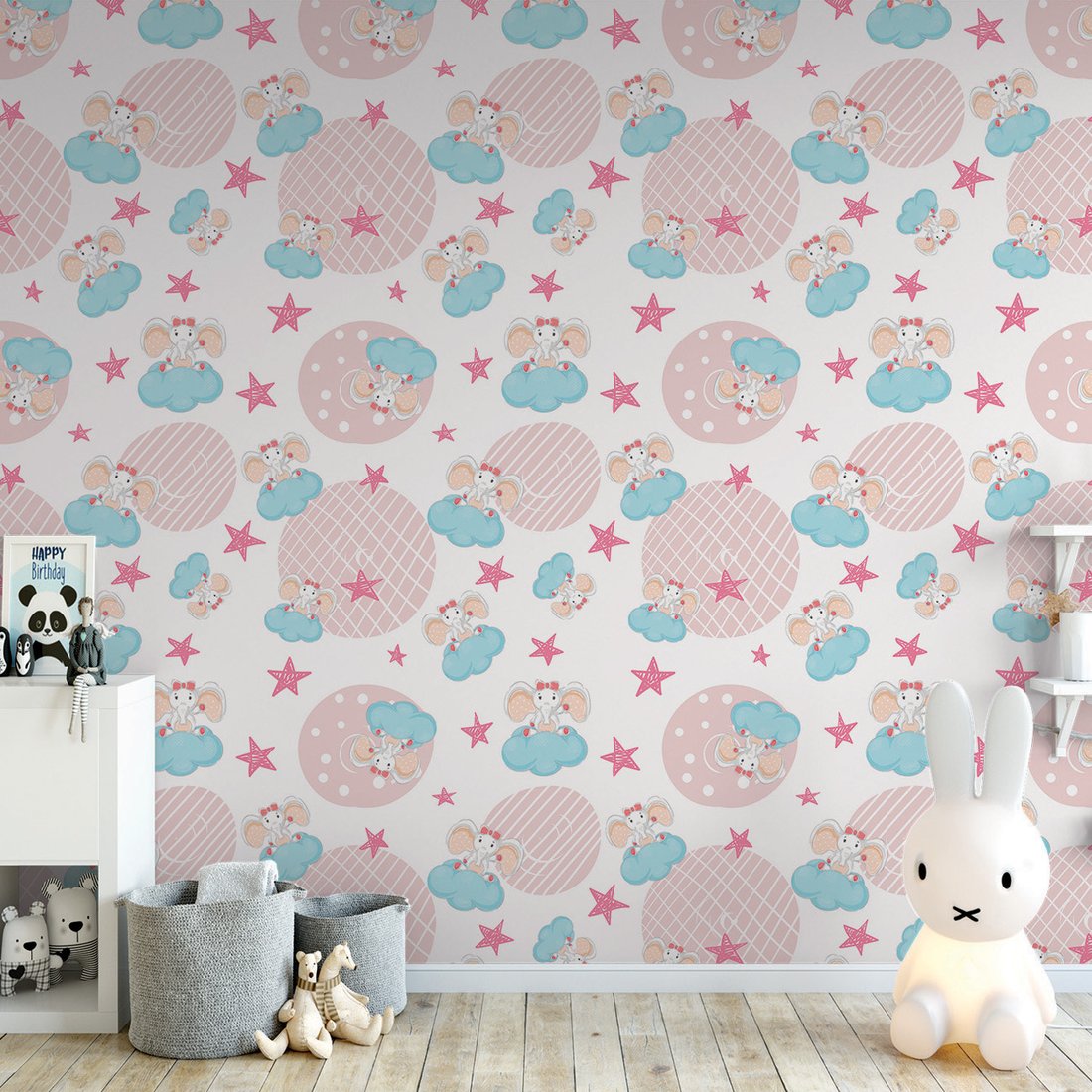 Tapeta - dziecięca, słonie, chmury, gwiazdy