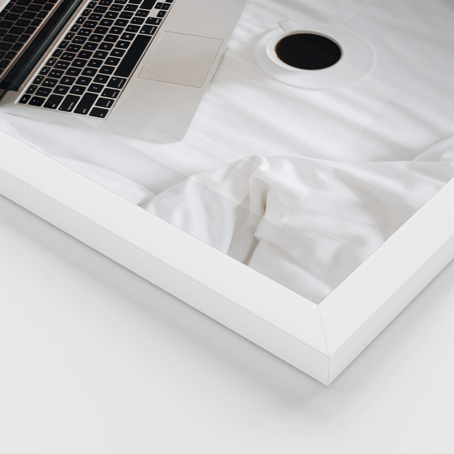 Zestaw obrazy w ramie, plakaty - minimalizm, kawa, laptop - rama biała