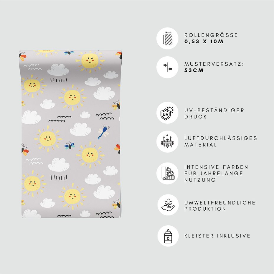 Tapeta - dziecięca, słońce, chmury, motyl