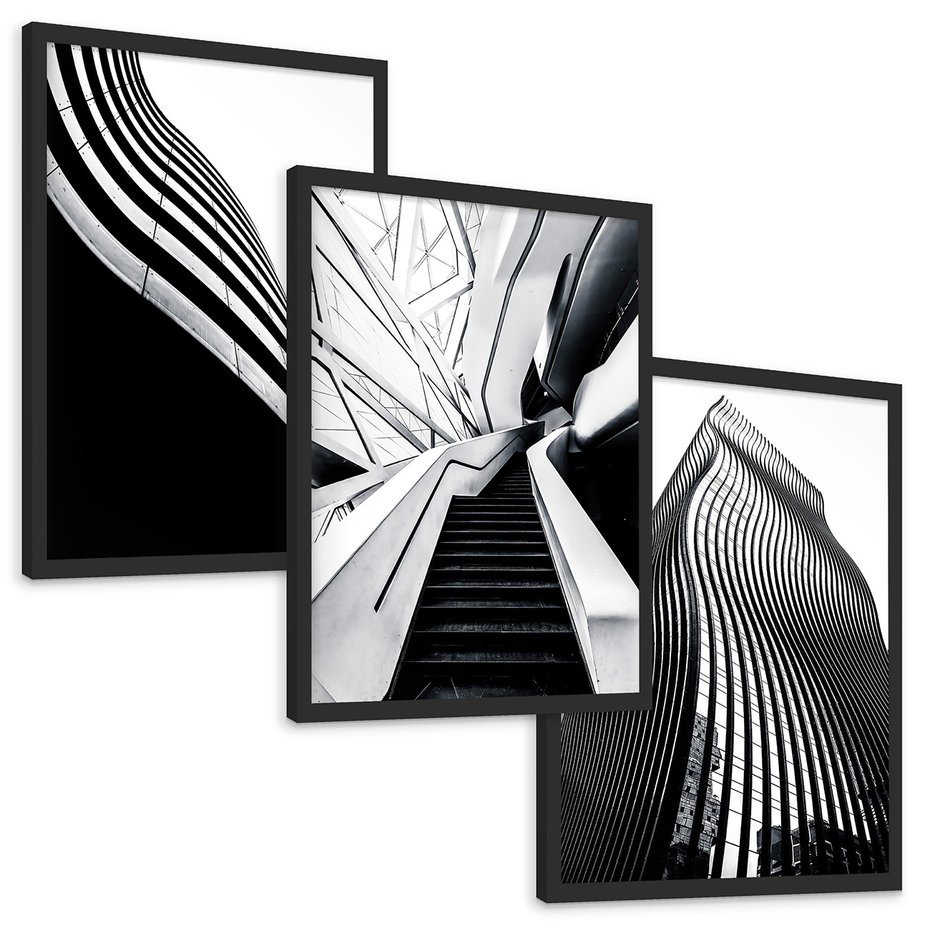 Zestaw obrazy w ramie, plakaty - architektura, budynki, miejski - rama czarna