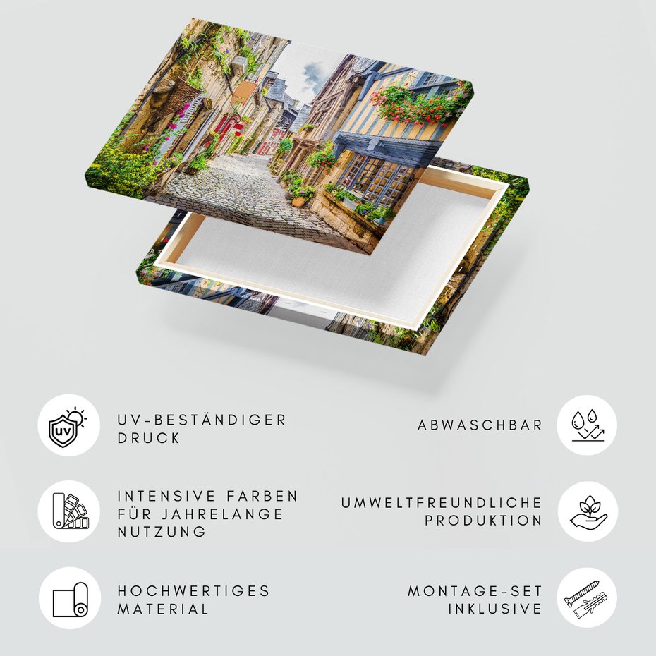 Obraz na płótnie - uliczka, kwiaty, budynki