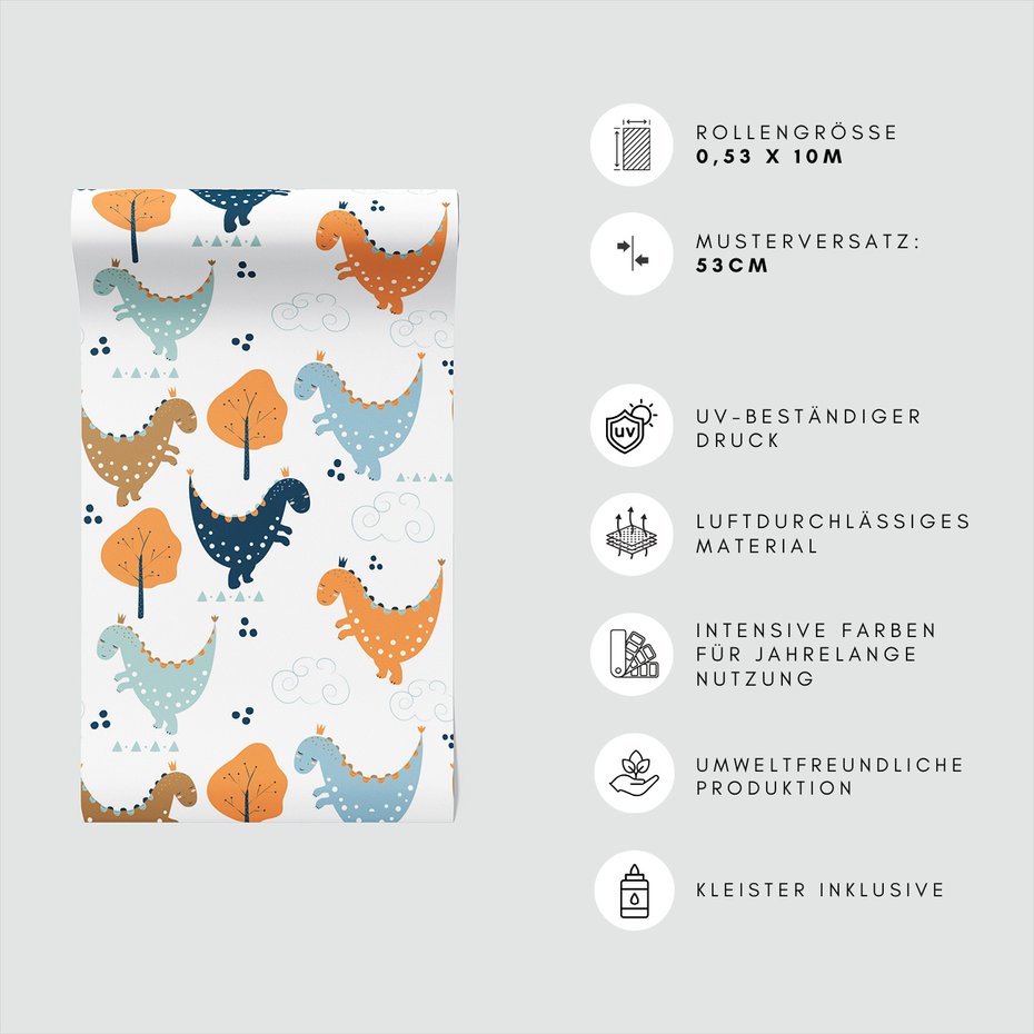 Tapeta - dziecięca, dinozaury, drzewa, chmury