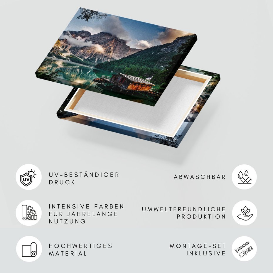 Obraz na płótnie - góry, jezioro, drewniany dom