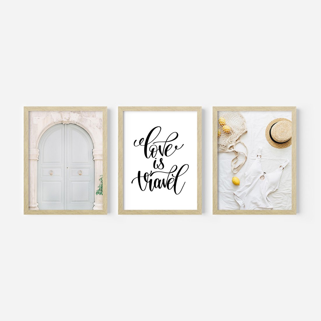Zestaw obrazy w ramie, plakaty - podróż, cytryny, drzwi - rama drewno
