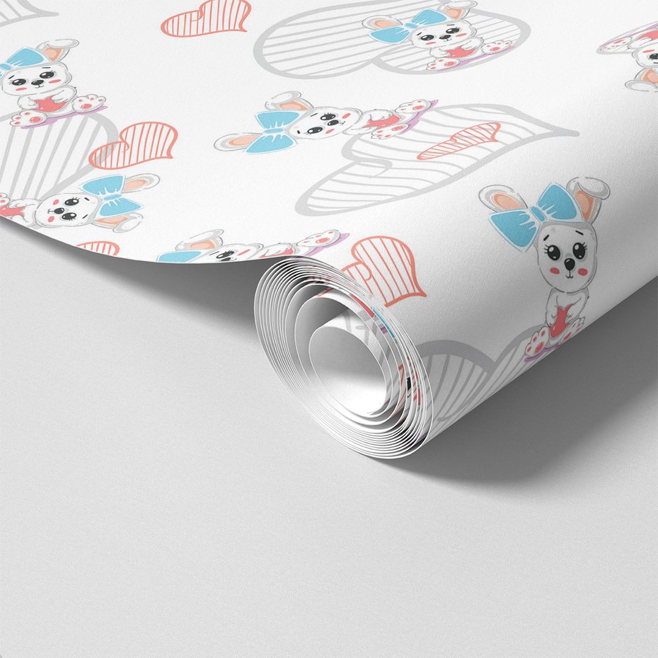 Tapeta - dziecięca, królik, serce, kokarda