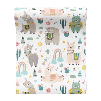 Tapeta - dziecięca, lama, kaktus, tęcza