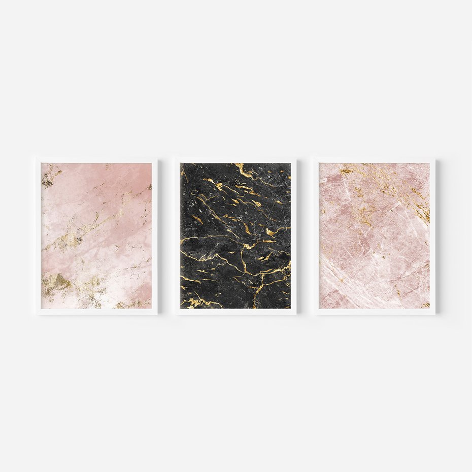 Zestaw obrazy w ramie, plakaty - marmur, tekstura, złoto - rama biała