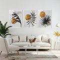 Zestaw obrazy w ramie, plakaty - liście, abstrakcja, złoto - rama biała