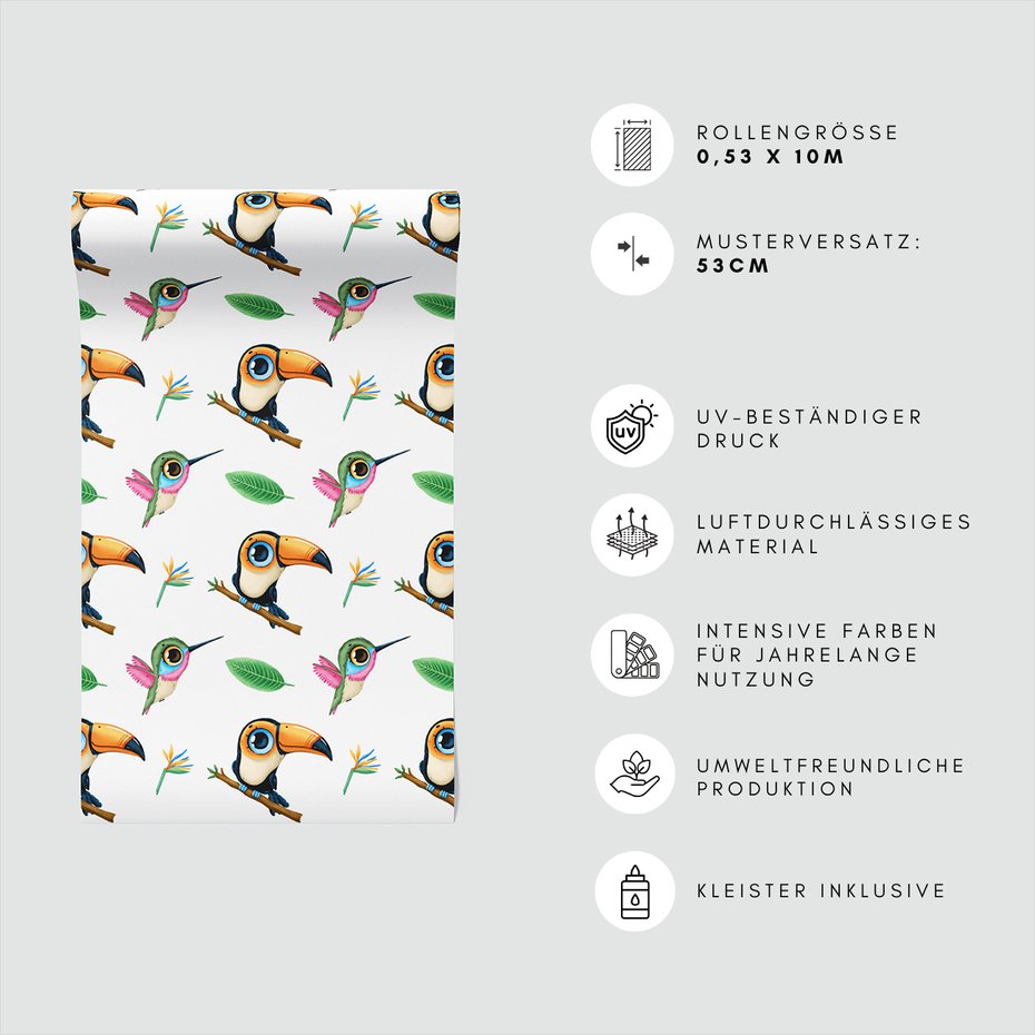 Tapeta - dziecięca, tukany, kolibry, liście