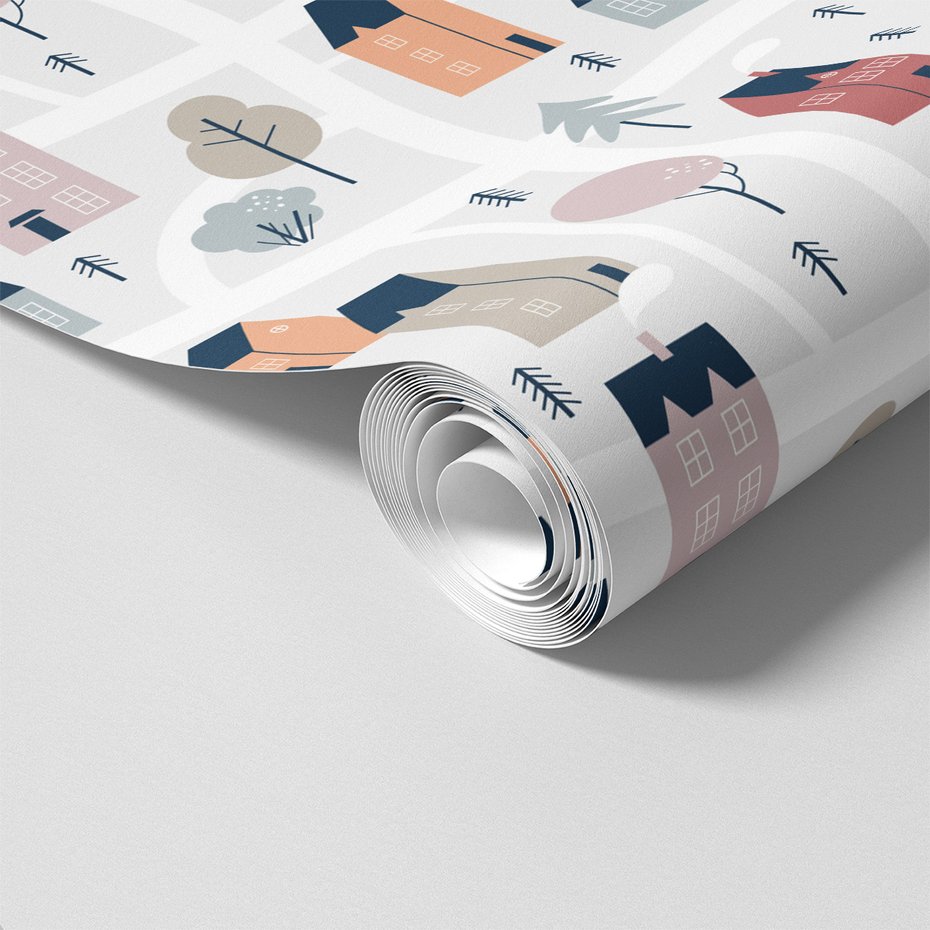 Tapeta - dziecięca, domy, drzewa,