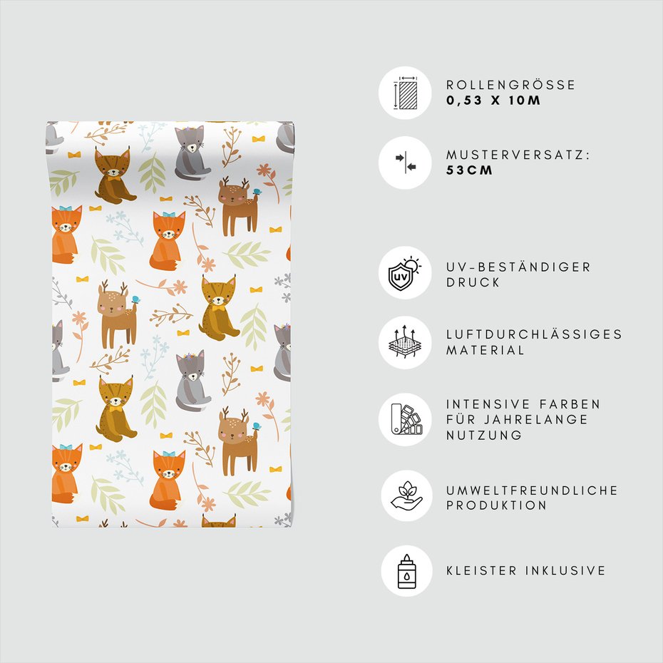Tapeta - dziecięca, koty, jelenie, liście