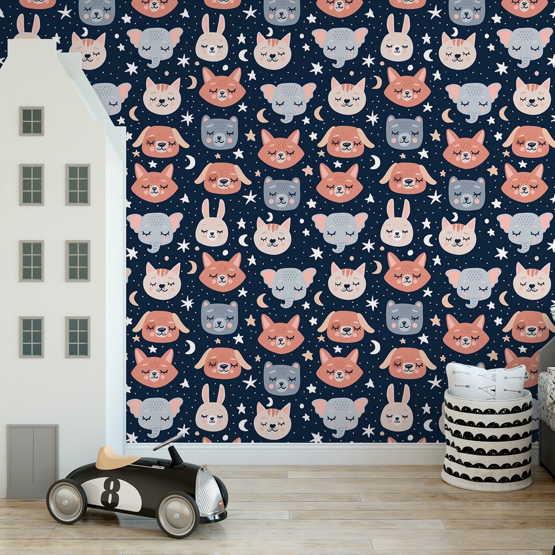 Tapeta - dziecięca, zwierzęta, gwiazdy, księżyc