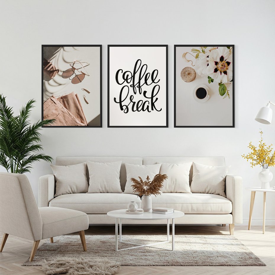 Zestaw obrazy w ramie, plakaty - kwiaty, kawa, akcesoria - rama czarna
