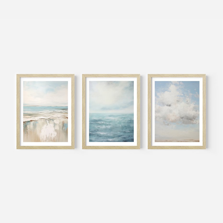 Zestaw obrazy w ramie, plakaty - morze, chmury, abstrakcja - rama drewno