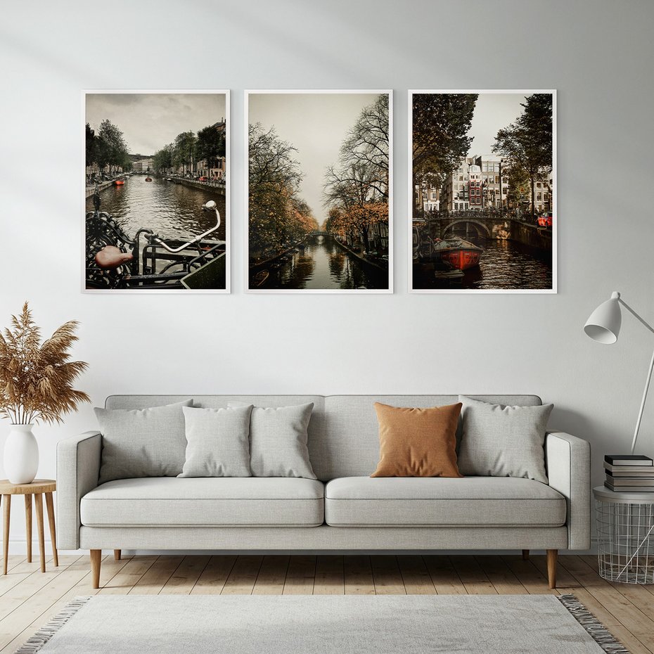 Zestaw obrazy w ramie, plakaty - Amsterdam, kanał, miasto - rama biała