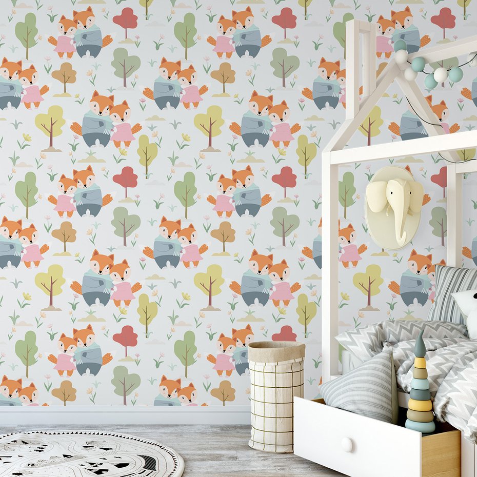 Tapeta - dziecięca, lisy, drzewa, kwiaty