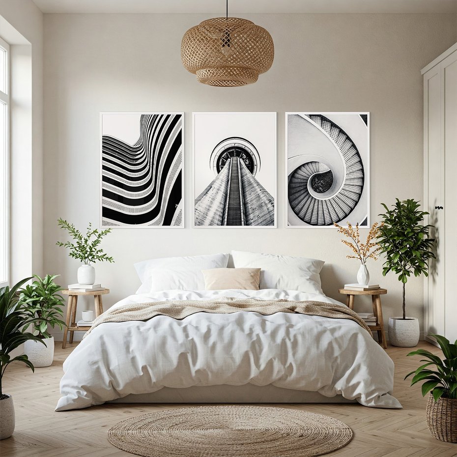 Zestaw obrazy w ramie, plakaty - struktura, schody, architektura - rama biała