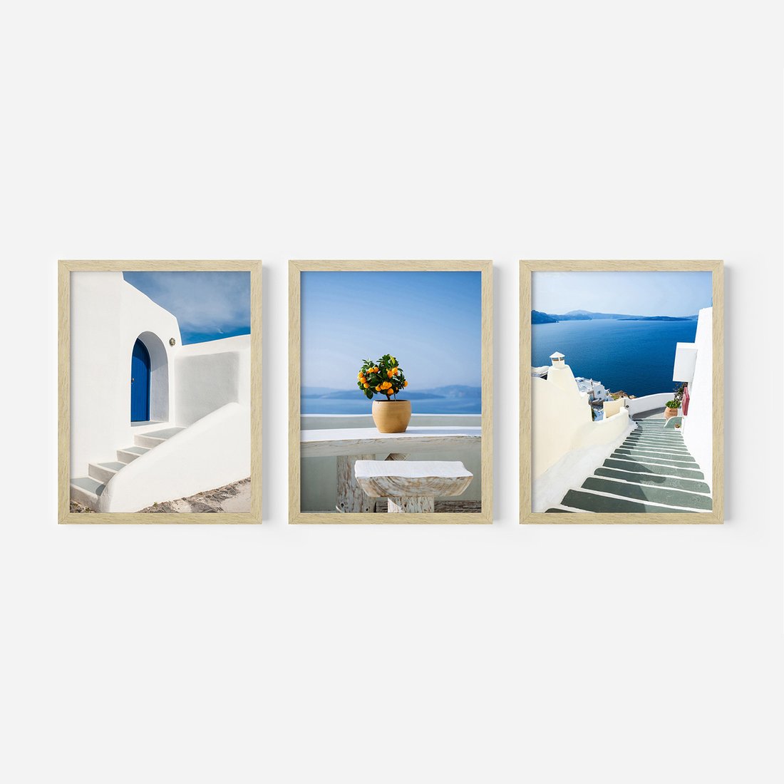 Zestaw obrazy w ramie, plakaty - Grecja, morze, Santorini - rama drewno