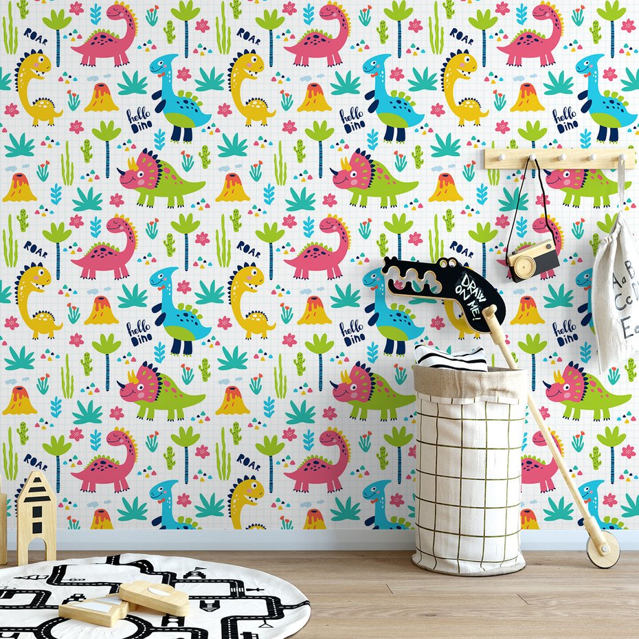 Tapeta - dziecięca, dinozaury, wulkan, rośliny