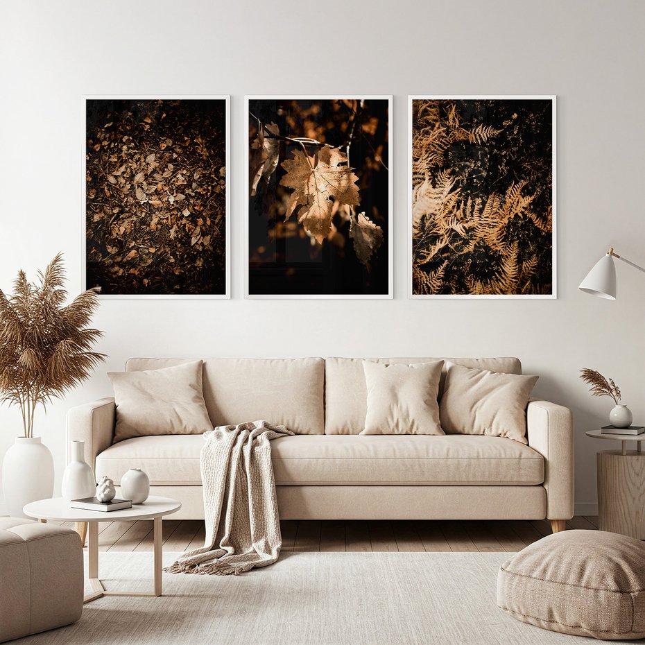 Zestaw obrazy w ramie, plakaty - liście, jesień, brązowy - rama biała