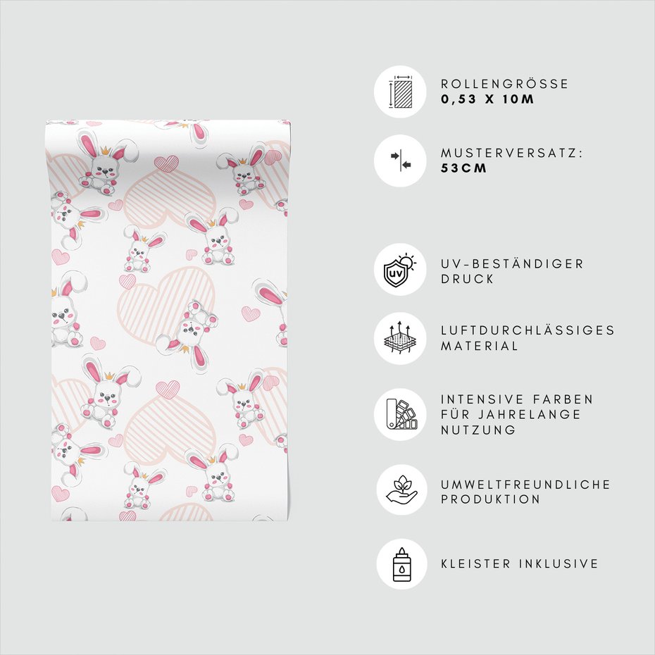 Tapeta - dziecięca, królik, serce, korona