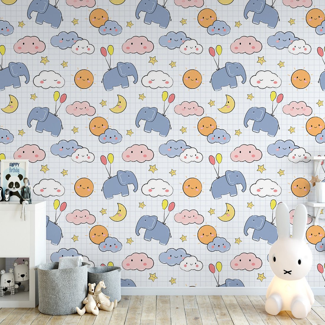 Tapeta - dziecięca, słońce, chmury, gwiazdy