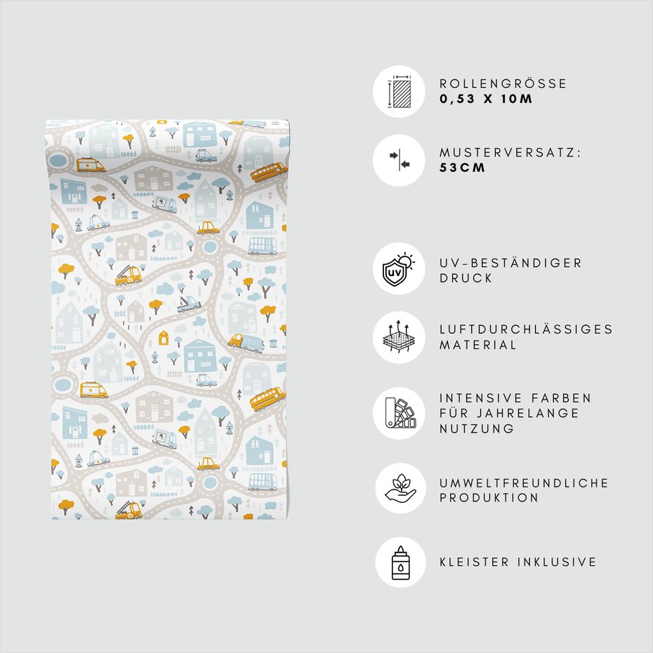 Tapeta - dziecięca, miasto, pojazdy,