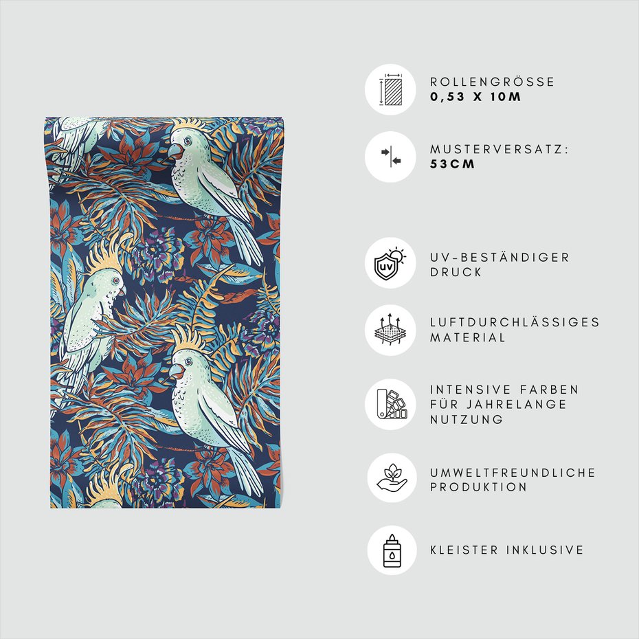 Tapeta - papuga, liście, kwiaty