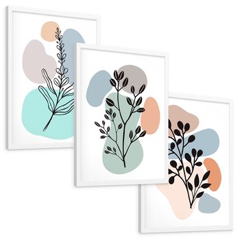 Zestaw obrazy w ramie, plakaty - liście, gałązki, abstrakcja - rama biała