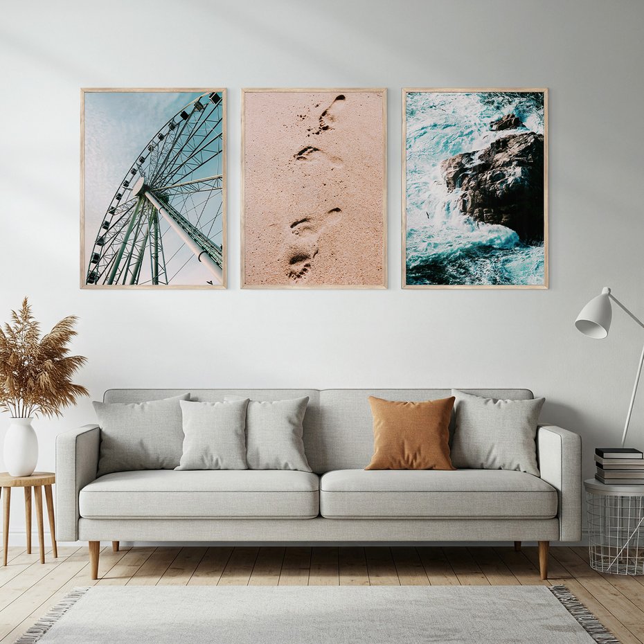 Zestaw obrazy w ramie, plakaty - atrakcje, piasek, morze - rama drewno