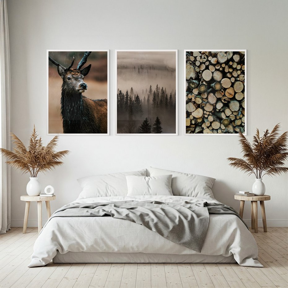 Zestaw obrazy w ramie, plakaty - las, drewno, natura - rama biała
