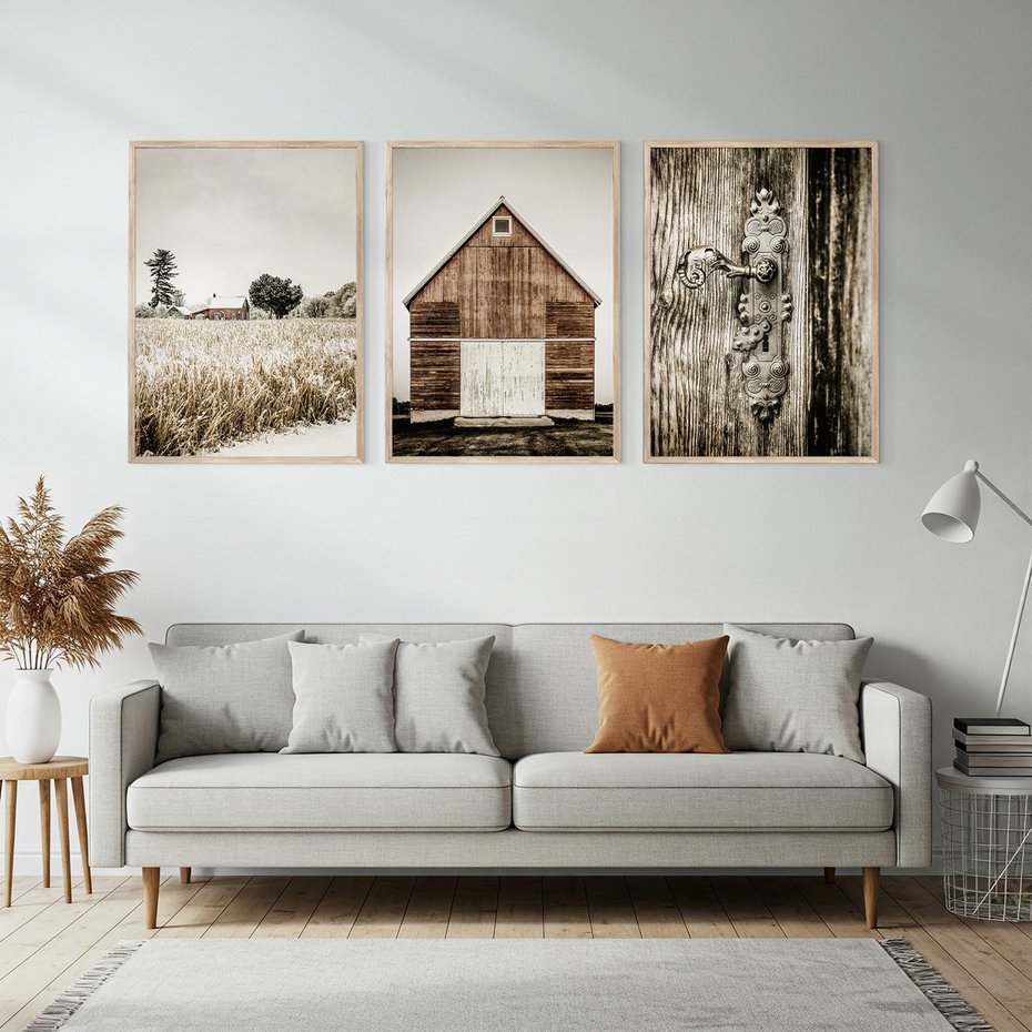 Zestaw obrazy w ramie, plakaty - wieś, dom, drewno - rama drewno