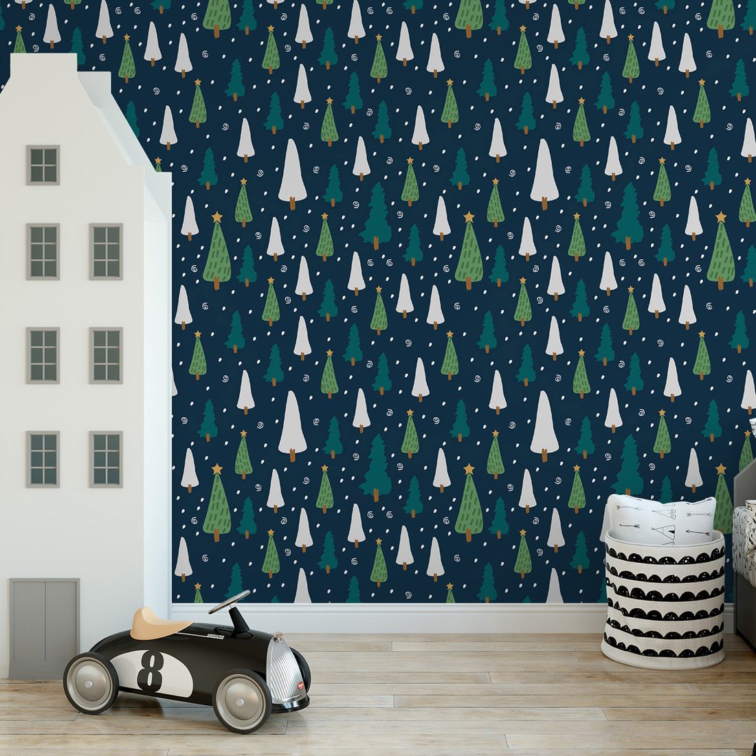 Tapeta - dziecięca, choinki, śnieg,