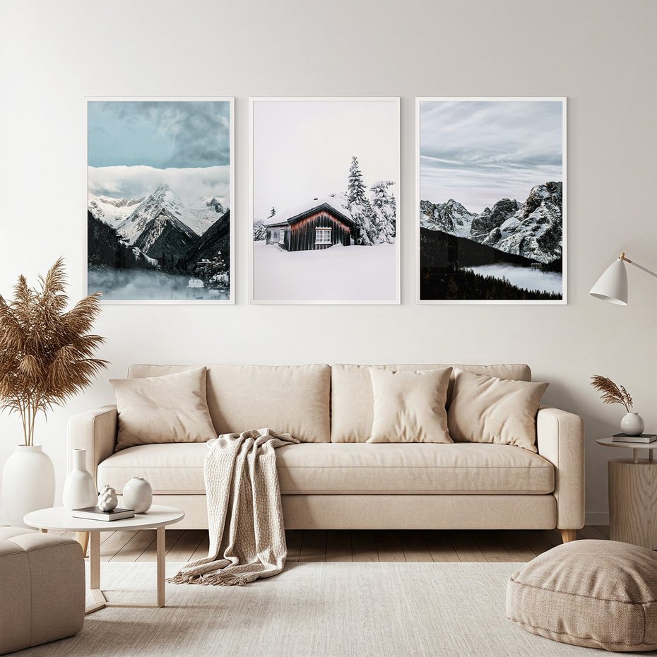 Zestaw obrazy w ramie, plakaty - zima, śnieg, góry - rama biała