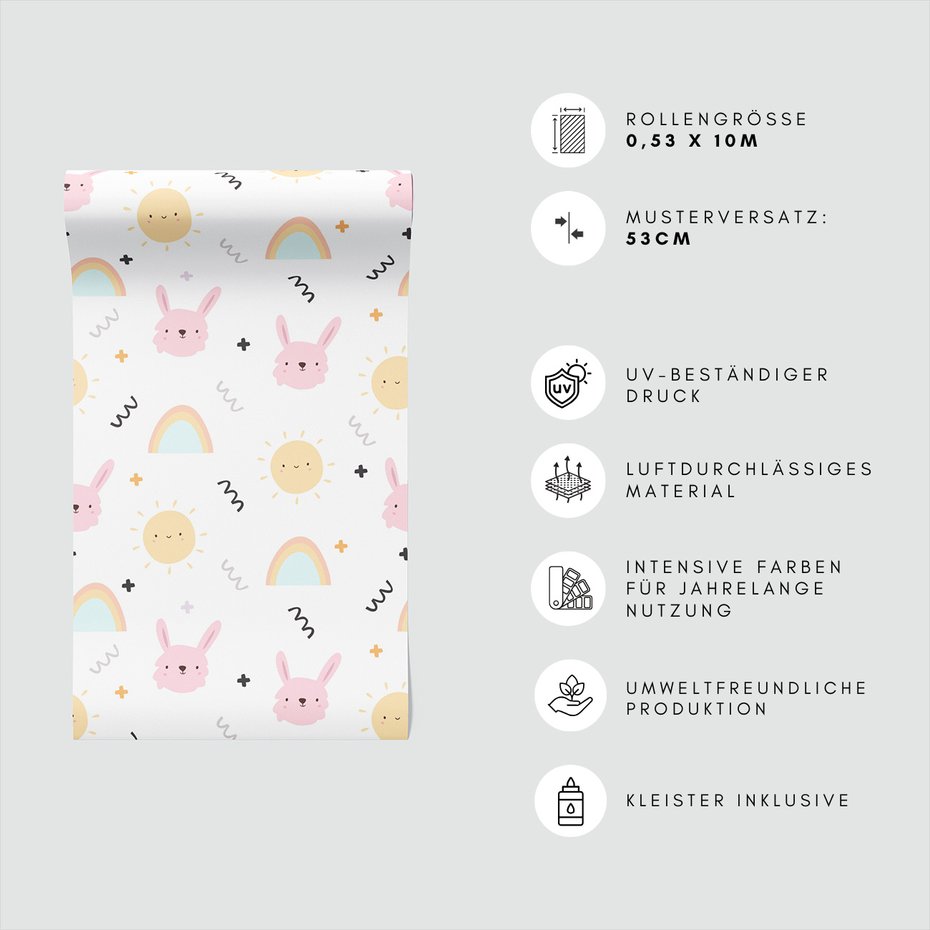 Tapeta - dziecięca, królik, słońce, tęcza