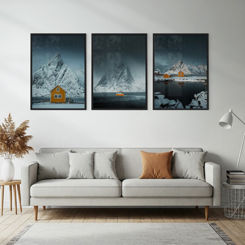 Zestaw obrazy w ramie, plakaty - góry, śnieg, domki - rama czarna