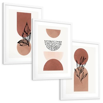 Zestaw obrazy w ramie, plakaty - abstrakcja, liście, kształty - rama biała