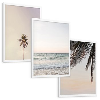 Zestaw obrazy w ramie, plakaty - plaża, morze, palmy - rama biała