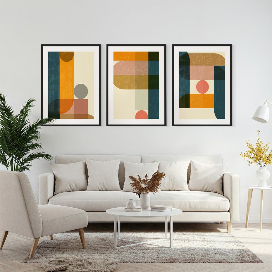 Zestaw obrazy w ramie, plakaty - geometryczne, abstrakcja, minimalizm - rama czarna